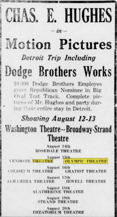 Aug 12 1916 article Olympic Theatre, Detroit